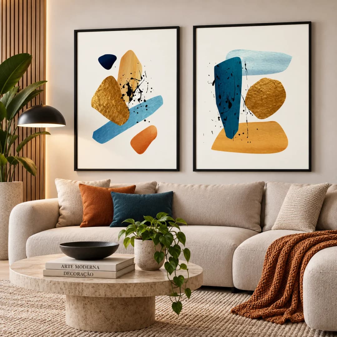 Kit Duo Quadros Decorativos Formas Abstratas – Tinta Preta e Detalhes Dourados Arte Moderna