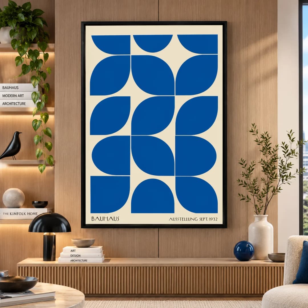 Quadro Decorativo Bauhaus 1932 | Composição Geométrica Azul e Creme