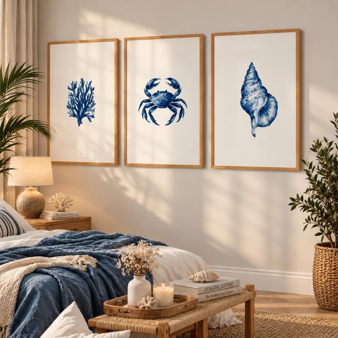 Kit 3 Quadros Decorativos Vida Marinha em Aquarela Azul – Coral, Caranguejo e Concha