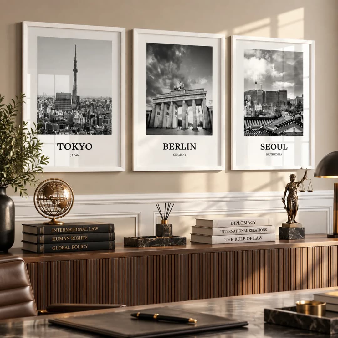 Kit Trio Quadros Decorativos Cidades do Mundo – Tokyo, Berlin e Seoul | Fotografia em Preto e Branco