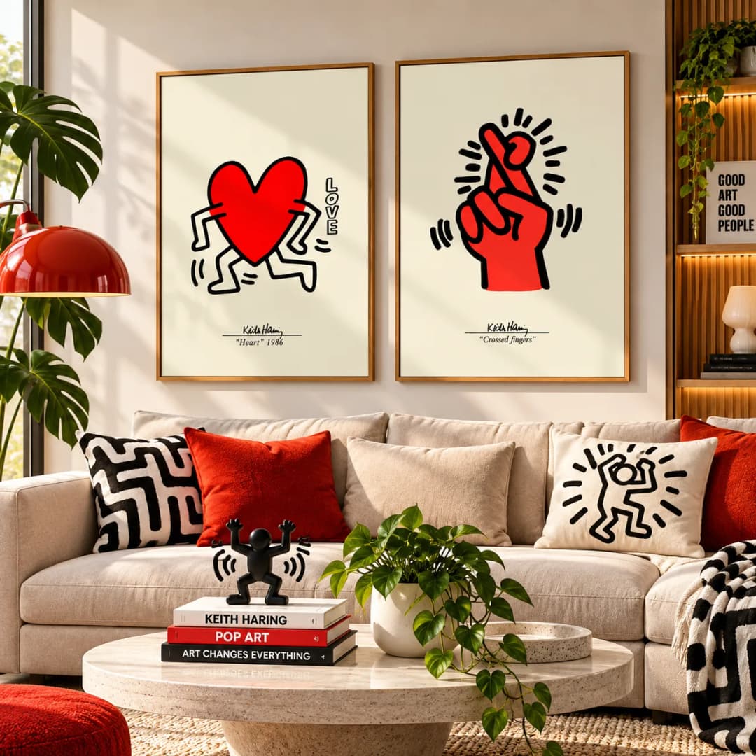 Kit Duo Quadros Decorativos Keith Haring – Heart & Crossed Fingers | Pop Art