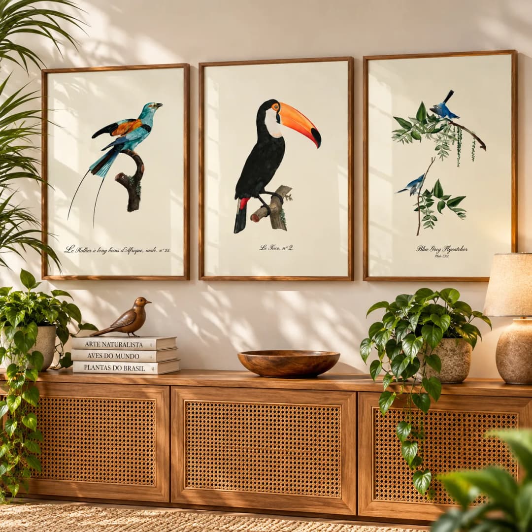 Kit Trio Quadros Decorativos Aves Exóticas | Ilustrações Ornitológicas Vintage
