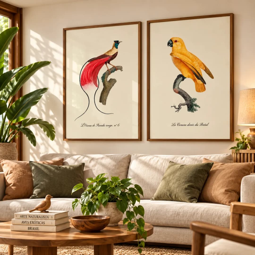 Kit Duo Quadros Decorativos Aves Exóticas | Ave-do-Paraíso-Vermelha e Ararajuba – Arte Ornitológica Vintage