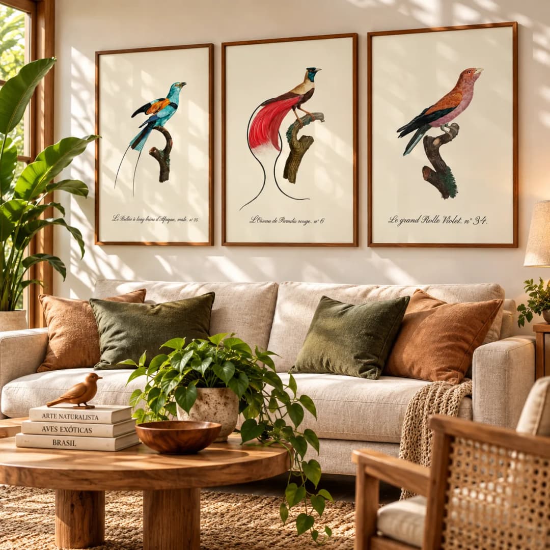 Kit Trio Quadros Decorativos Aves Exóticas | Ilustrações Ornitológicas Vintage – Jacques Barraband