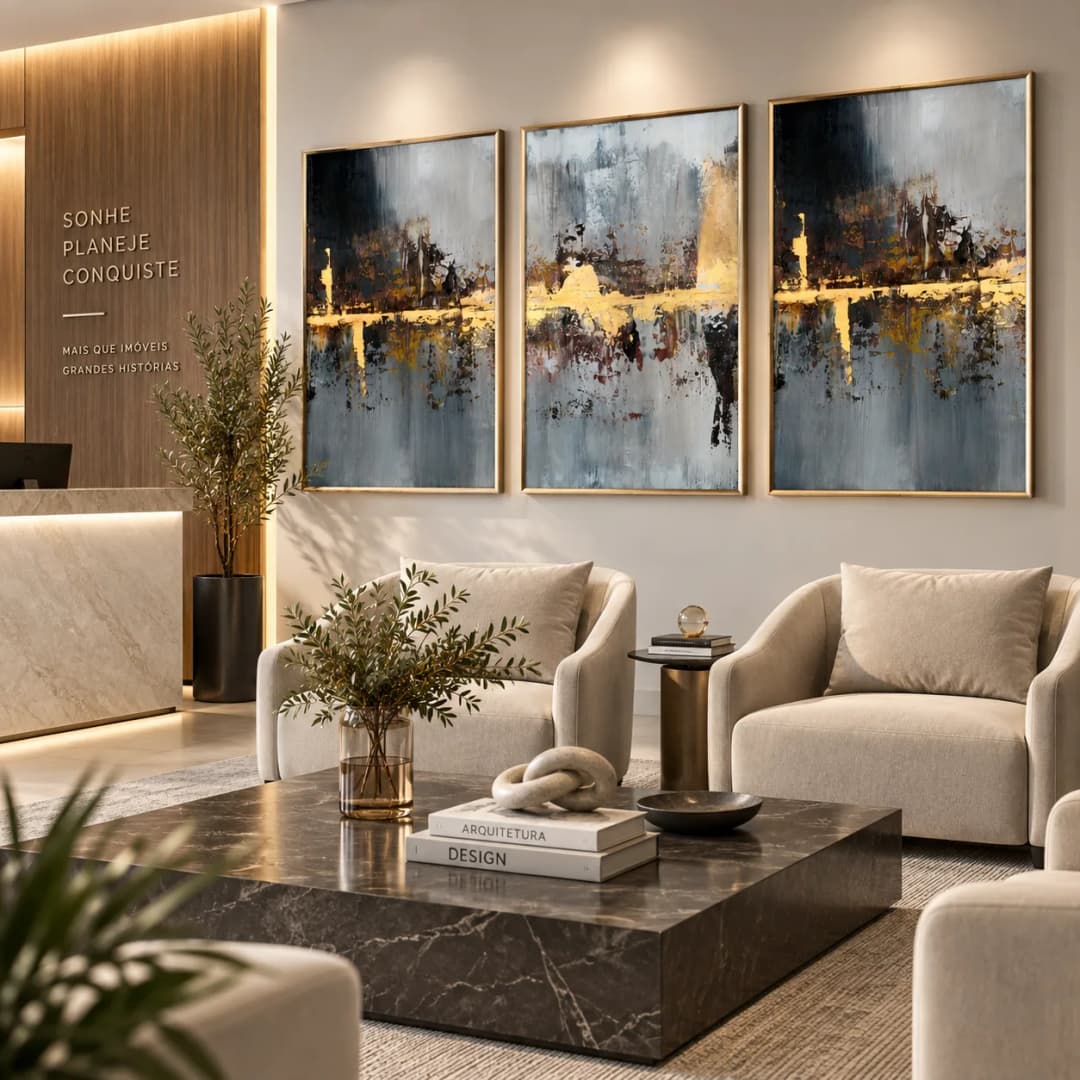 Kit Trio Quadros Decorativos Horizonte Dourado – Arte Abstrata Contemporânea