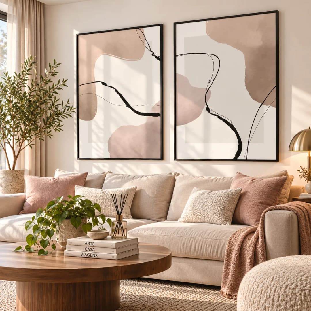 Kit Duo Quadros Decorativos Abstratos Rosa Nude – Linhas Orgânicas - Arte Minimalista
